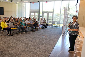 [Dr. Esther Sternberg at the first brief orientation for visitors at the new Andrew Weil Center for Integrative Medicine complex]