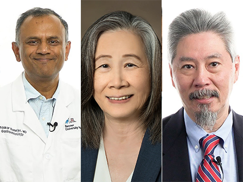 [A composite image of Drs. Bhaskar Banerjee, H.H. "Sherry" Chow, and C. Kent Kwoh, who are among 5 recently named Professor Emeriti at the University of Arizona College of Medicine – Tucson.]