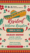 [Image of flyer for Banner New Resident Welcome Reception at Culinary Droput restaurant, June 19, 2024]