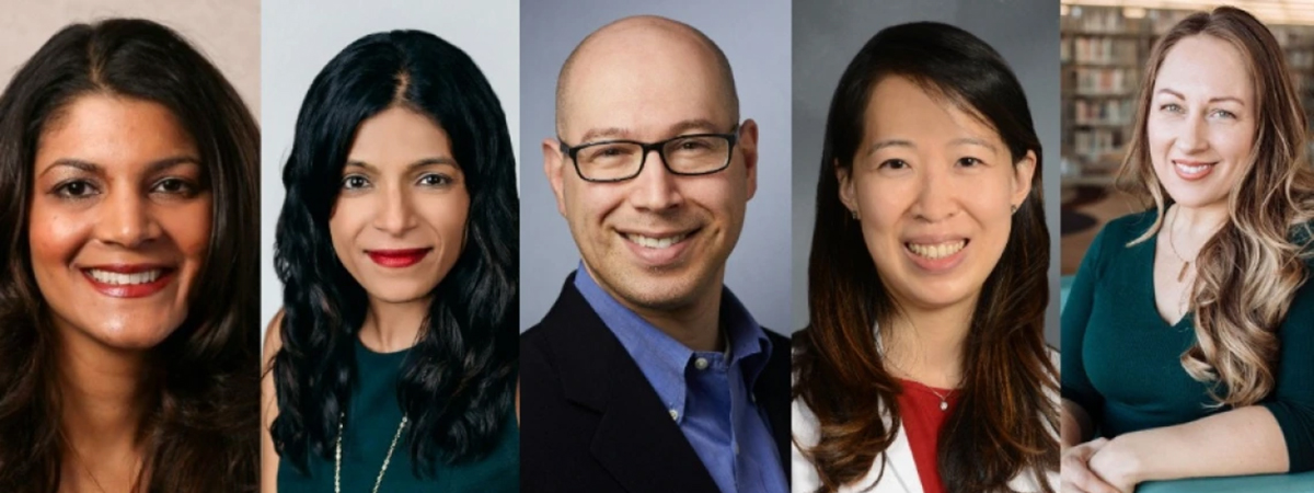 [Portraits of, from left, Bhavana Bhatnagar, DO; Rachna Shroff, MD, MS, FASCO; Michael E. Hurwitz, MD, PhD; Barbara Ma, MD, MS; and Erin Winters, BSN, RN, BMTCN.]