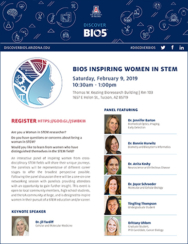 Teaser image for flyer for 'BIO5 Inspiring Women in STEM' event, Feb. 9, 2019
