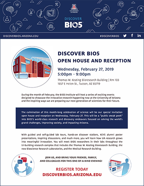 Image of the flyer for DISCOVER BIO5 Open House & Reception, Feb. 27