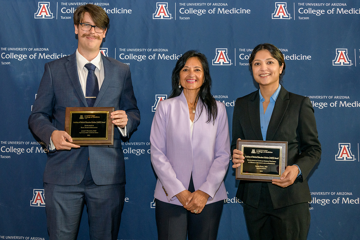 Salma Patel, MD, MPH (right), was among Pulmonary division faculty members singled out for honors at the 2023 Faculty Awards for the University of Arizona College of Medicine - Tucson on March 2. She's pictured here with Cellular and Molecular Medicine's James Proffitt, PhD, and presenter Tejal Parikh, MD, an associate dean for the college.