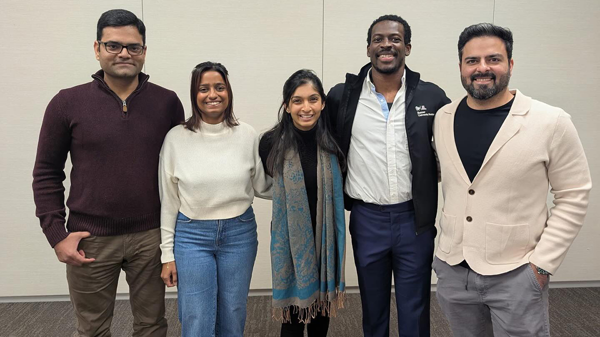 [Pictured here are the winning ACC AZ Chapter Fellows Jeopardy team and its supporters after the Jan. 11 contest: Muhammad “Ijaz” Pervez, MBBS; Sharanyah Srinivasan, MBBS; Iniya Rajendran, MBBS, MPH; Abdulbaril Olagunju, MD; and Khurram Butt, MBBS. (Photo courtesy of U of A Cardiovascular Disease Fellowship chief fellow Sanjay Polisetty, MBBS)]