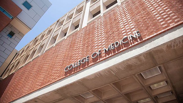 [Looking up at entrance to University of Arizona College of Medicine – Tucson]