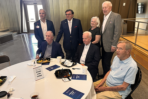 [Dr. Jil Tardiff (back row, center) Nov. 18 at the 2024 Founders Day Lecture hosted by the University of Arizona College of Medicine – Tucson. She is flanked by Allan Norville (right) and Dean Michael M.I. Abecassis, MD, MBA (2nd from left) and Sarver Heart Center Director Hesham Sadek, MD, PhD (left), and (in front of Dr. Tardiff) William Roeske, MD, a retired former cardiology professor.]