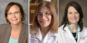 Individual photos of Dr. Liz Connick, Dr. Julia Indik and Dr. Elizabeth Juneman, who were named Exceptional Women In Medicine by Castle Connolly in 2023