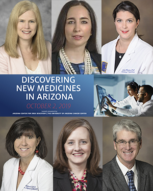 Teaser image of UA Department of Medicine faculty participating in Discovering New Medicines in Arizona Summit (clockwise from top left): Drs. Julie Bauman, Jennifer Carew, Louise Hecker, Larry Mandarino, Julie Ledford and Monica Kraft