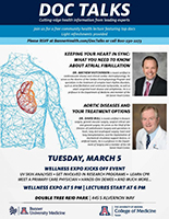 Doc Talk flyer for Drs. Mathew Hutchinson and David Bull address March 5, 2019