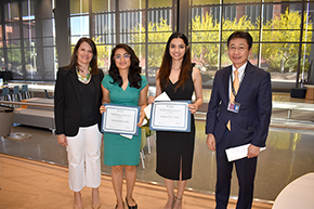 Department of Medicine resident physicians Pallabi Shrestha, MBBS (center in green dress), and Mahima Zandu, MBBS (center in black), 2023 winners of the Charles W. Hall & Virginia C. Hall Memorial Award for Outstanding House Officer in the Coronary Care Unit. On either side of them are interim Cardiology Chief Elizabeth Juneman, MD, and department Chair James Liao, MD.