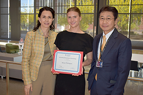 Dermatology Division Chief Clara Curiel-Lewandrowski, MD (left), the 2023 Dermatology Outstanding Medical Student Award winner Alyssa Thompson (holding certificate in center), and Department of Medicine Chair James Liao, MD.