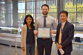 Alexander Schlitt, DO (center), winner of the 2023 Hematology & Oncology Award for Outstanding Resident, with Rachna Shroff, MD, MS, interim chief of the Hem/Onc division, and Department of Medicine Chair James Liao, MD.