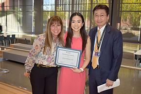 Chelsea Takamatsu, MD (center), winner of the 2023 Outstanding Resident Award in Nephrology, with with Amy Sussman, MD (left), associate professor and fellowship director, Division of Nephrology, and Department of Medicine Chair James Liao, MD.