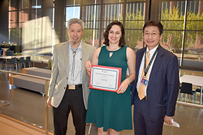 Julia Liatti (center), winner of the 2023 Outstanding Medical Student in Rheumatology, with C. Kent Kwoh, MD (left), Rheumatology Division chief and director, UArizona Arthritis Center, and Department of Medicine Chair James Liao, MD.