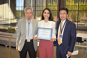 Karen Beltran, MD (center), winner of the 2023 Outstanding Resident in Rheumatology, with C. Kent Kwoh, MD (left), Rheumatology Division chief and director, UArizona Arthritis Center, and Department of Medicine Chair James Liao, MD.