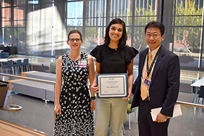 Pooja Jagadish, MD (center), winner of the 2023 Internal Medicine Residency Program Award for Outstanding Medicine Fellow, with Laura Meinke, MD (left), associate professor and Internal Medicine Residency Program director, and Department of Medicine Chair James Liao, MD.