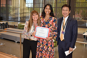 Amrutha Doniparthi (center), winner of the 2023 Undergraduate Medical Education J.W. Smith Award for Outstanding Medical Student, with Amy Sussman, MD (left), director, Internal Medicine Clerkship, and vice chair for Education, Department of Medicine, and Department Chair James Liao, MD.