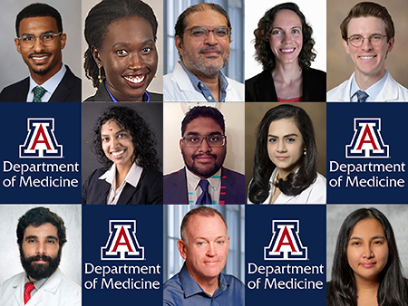 [Collage image of portraits of 11 new University of Arizona Department of Medicine faculty members joining the University of Arizona College of Medicine – Tucson in September 2024, pictured alphabetically from top left linearly and interspersed with 5 repetitions of a DOM block-A logo on blue.]