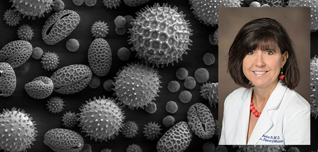 Image of Dr. Monica Kraft on a microscopic field of pollen, a common irritant for asthma patients