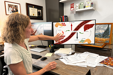 [Jennifer Stern, PhD, in her office, explaining how glucagon signaling at the liver regulates blood glucose to maintain glucose homeostasis, or balanced blood sugar levels, during fasting. ]