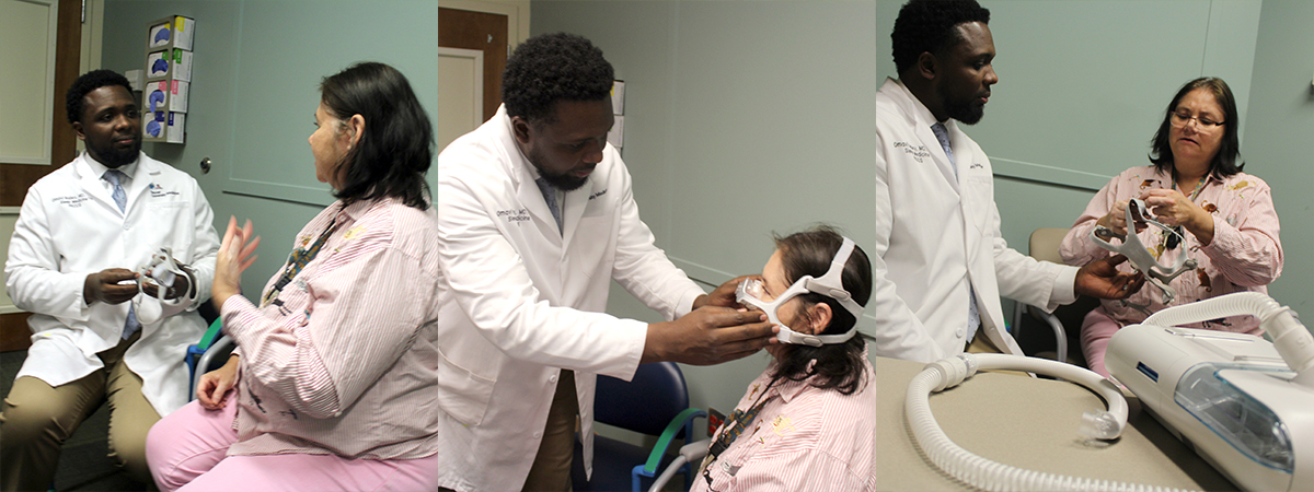 UA Sleep Medicine Fellow Dr. Omavi Bailey assists Joann Cohen, a patient at Banner – University Medical Center’s Center for Sleep Disorders, with how to use a continuous positive airway pressure (CPAP) device to help her sleep better.