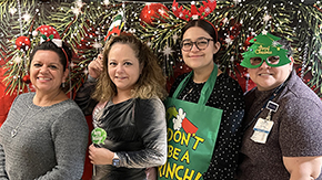 [And now posing for photo booth display No. 2 are the Division of Gastroenterology's Maria Longoria, Claudia Rosales, Stephanie Clinch and Carmen Ramos.]