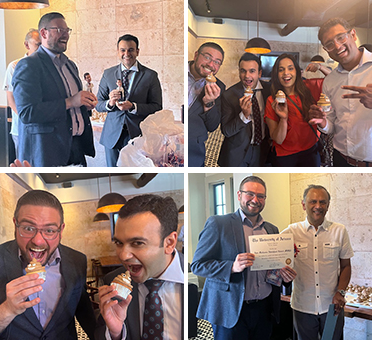 [Clockwise from top left: Drs. Alameri and Vedamurthy with their personalized bobbleheads; Drs. Alameri, Vedamurthy, Chauhan and Bomman with their "crappy" cupcakes; Dr. Alameri with fellowship director Bhaskar Bannerjee, MD; Drs. Alameri and Vedamurthy savoring their cupcakes]