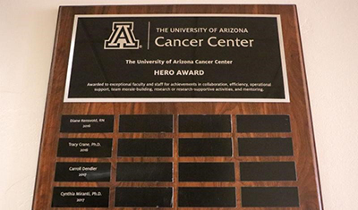 Plaque for UA Cancer Center Hero Award winners