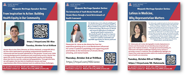 [Images of flyers for the UAHS Hispanic Heritage Speaker Series lectures, Oct. 1-8, 2024]