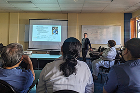 [Dr. Hinestroza attending a lecture on dexamethasone during her rotation at the Hospital Clínico Viedma in Cochabamba, Bolivia]