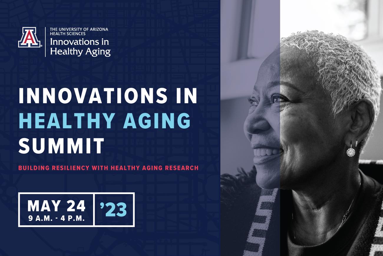 Promotional graphic for Innovations in Healthy Aging Summit, May 24, in Washington, DC, with image of older black woman looking off to the left.