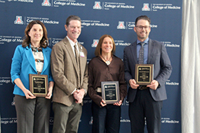 [Dr. Kevin Moynahan (2nd from left) with Physiology’s Katalin Gothard, MD, PhD (left); Endocrinology’s Jennifer Stern, PhD; and Hem-Onc’s Aaron Scott, MD. Gothard and Stern won Basic & Translational Investigator Awards. Scott won the Clinical Investigator Award.]