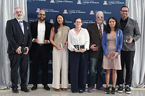 [Mentoring Award winners: Nephrology division chief Bekir Tanriover, MD, MPH, MBA; Cardiology’s Tushar Acharya, MD, MPH; Emergency Medicine’s Vivienne Ng, MD, MPH; PACCS Division’s Laura Meinke, MD; Surgery’s Louis Magnotti, MD, MS; Neurology/Immunobiology’s Anita Koshy, MD; and Emergency Medicine’s Richard Amini, MD.]