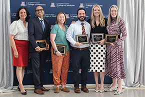 [Winners of 2025 Vernon & Virginia Furrow Excellence in Teaching Awards (left to right): Presenter Dr. Indu Partha; Inpatient Medicine’s Bujji Ainapurapu, MD; Physiology’s Zoe Cohen, PhD, COM-T director of Baccalaureate Programs; Emergency Medicine’s Garrett Pacheco, MD; and GGP’s Jennifer Plitt, MD, and Amy Klein, MD – specialists in hospice and palliative care.]