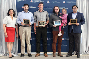 [Winners of the 2025 AMES Excellence in Teaching Awards (left to right): Presenter Dr. Indu Partha; Infectious Diseases’ Saman Nematollahi, MD, MEHP; Emergency Medicine’s Martin Dement, MD; GGP’s Kristopher Abbate, MD (with daughter on hip); and Cardiology’s Madhav Chopra, MD.]