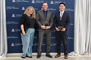 [Faculty Teaching Awards for Outstanding Service during a Clerkship (left to right): Surgery’s Monica Gustafson, MD, Outstanding Instructor at TMC; Anthony Witten, DO, Outstanding Instructor at Banner; and Robert Kim, MD, Outstanding Instructor at the VA.]