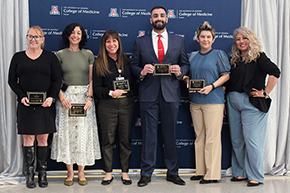 [Faculty Teaching Awards for Outstanding Service during a Clerkship (left to right): OB-GYN’s Julie Tarry; Inpatient Medicine’s Dalia Mikhael, MD; DOM Vice Chair of Education and Internal Medicine Clerkship Director Amy Sussman, MD; Resident/Fellow Educator of the Year Ali Mustafa Rasool, MD, of the Internal Medicine Residency Program; COM-T Student Affairs’ Selma Adjanovic, MBA; and Surgery’s Monica Gustafson, MD (standing in for Donald Wathieu, MD).]