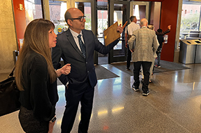 [Inpatient Medicine’s Bujji Ainapurapu, also Internal Medicine Residency associate program director, and Amy Sussman, MD, DOM vice chair of education, clerkship director and Nephrology Fellowship program director, comment on people taking selfies and other photos onstage after the ceremony.]