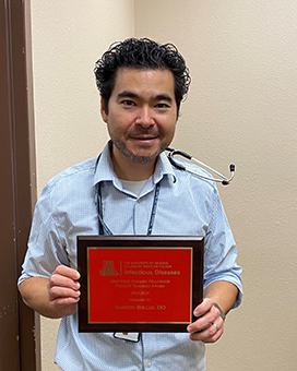 [Infectious Diseases attendings, Brentin Roller, DO, MPH (pictured here), and Steve Scholand, MD, received the ID Faculty Teaching Award for 2024-2025 – nominated by the fellows. ]