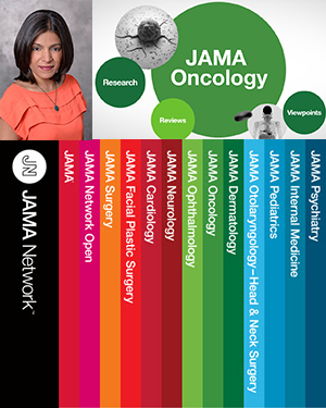 Illustration of Dr. Rachna Shroff with JAMA Oncology logo and other publications in JAMA Network