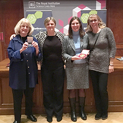 Dr. Christina Laukaitis (3rd from left) with (L-R) Dr. Mary Claire King (who received the British Genetic Society’s Mendel Medal that evening) as well as the Mendelianum's Dr. Eva Matalová and the past head of the British Genetic Society (Dr. Wendy Bickmore). 
