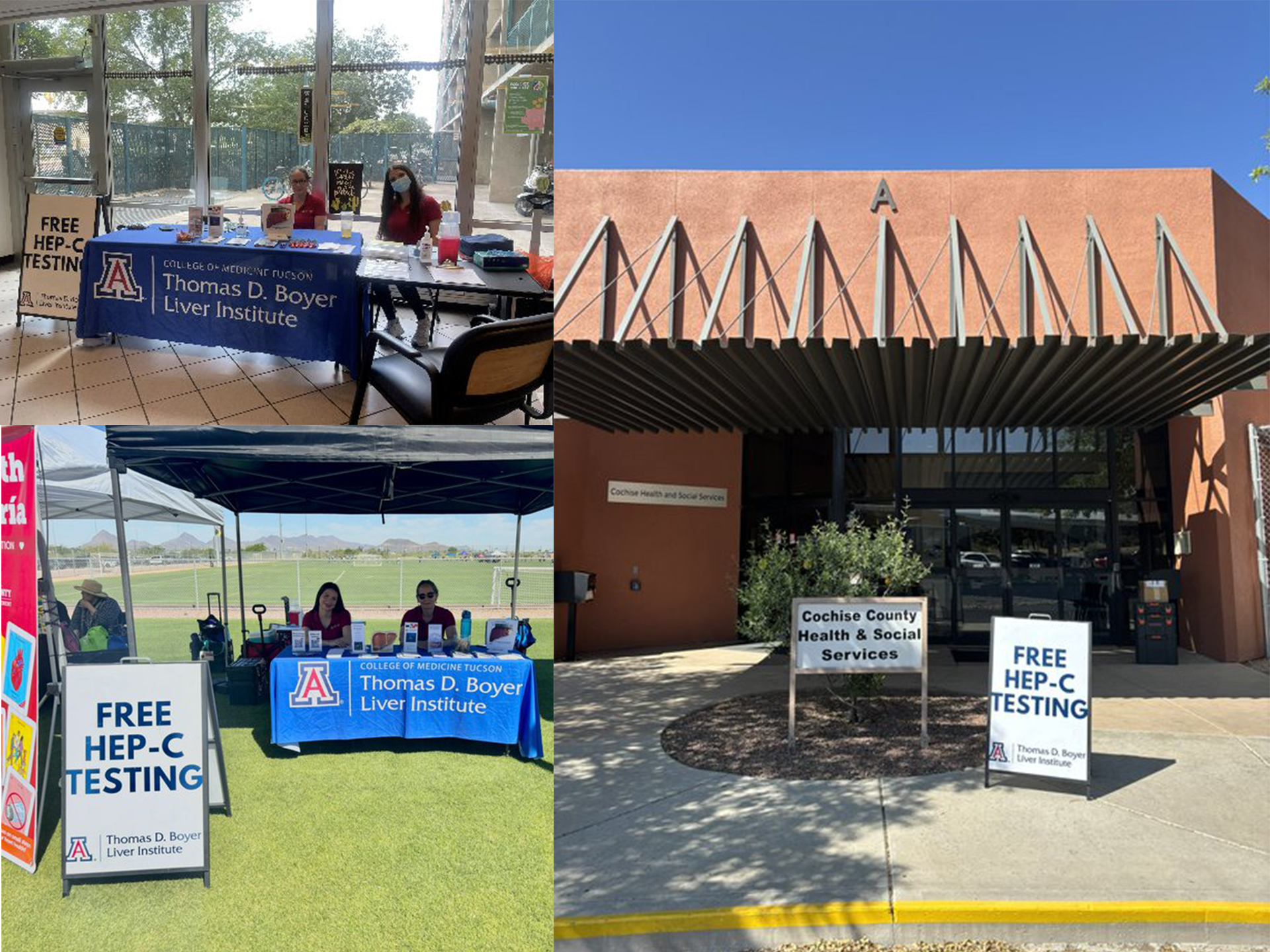 [Collage of recent community outreach efforts by the Thomas D. Boyer Liver Institute for free hepatitis C, or Hep-C, screenings with Carina Mendoza and Carol Peters, ANP.]