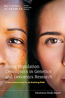 [Image of cover of report by National Academy of Sciences, Engineering & Medicine on “Using Population Descriptors in Genetics and Genomics Research”]