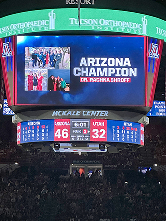 [University of Arizona oncologist Rachna Shroff, MD, MS, is featured on the jumbotron at McKale Center during the U of A versus Utah men’s basketball game on Feb. 26, 2025.]