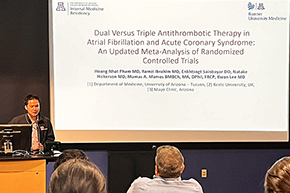 [Oral vignette presenter Hoang Nhat Pham, MD, discusses “Dual Versus Triple Antithrombotic Therapy in Atrial Fibrillation and Acute Coronary Syndrome: An Updated Meta-Analysis of randomized Controlled Trials”]