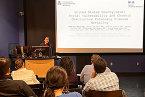 [Oral vignette presenter Sabrina Soin, DO, discusses “United States County-Level Social Vulnerability and Chronic Obstructive Pulmonary Disease Mortality”]