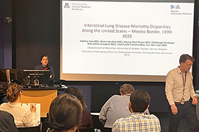 [Oral vignette presenter and IM resident Sabrina Soin, DO, discusses “United States County-Level Social Vulnerability and Chronic Obstructive Pulmonary Disease Mortality”]