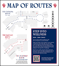 [Map of three routes for Sarver Steppers walking club members at La Encantada Shopping Center]