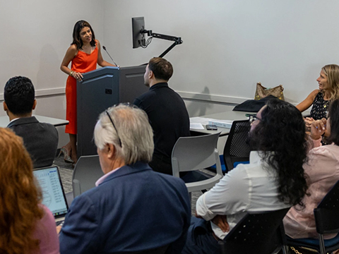 [Rachna Shroff, MD, spoke at the U of A Cancer Center’s inaugural hepato-pancreato-biliary symposium in Sept. 2024. The center is recognized as an approved National Pancreas Foundation Center of Excellence by the National Pancreas Foundation. (Photo by Josh Elz, University of Arizona Cancer Center)]