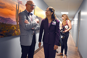 Tom Gerbo, the architect who helped design the new center, chats with Salma Patel, MD, MPH, a former UArizona sleep fellow and now an assistant professor and sleep center researcher.